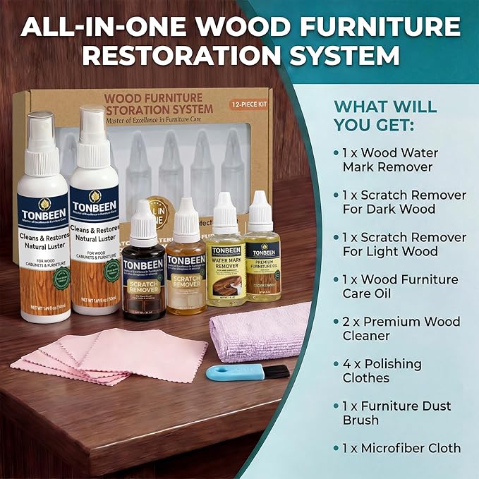 Premium Wood Furniture Care Set (12-Piece) - Includes Wood Cleaner & Water Mark Remover, Dark/Light Scratch Repair Kit & Furniture Care Oil | Friendly for Cabinets, Tables & All Wood Finished Surfaces