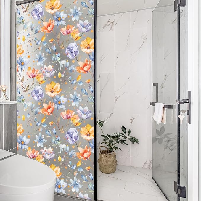 DKTIE Retro Floral Pattern Stained Glass Window Film Two-Way Privacy Day and Night Decorative Window Film Static Cling UV2 Print Technology (S647, 17.7in X 78.7in)