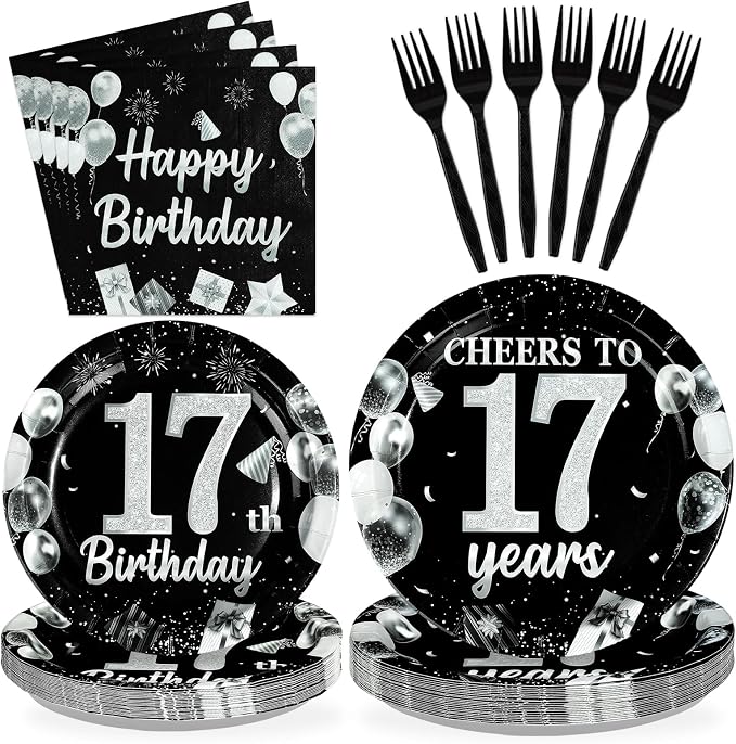 96Pcs 17th Black and Silver Birthday Party Supplies Cheers to 17 Years Plates and Napkins Disposable Happy 17th Birthday Tableware Set for 17 Years Old Graduation Party Serves 24