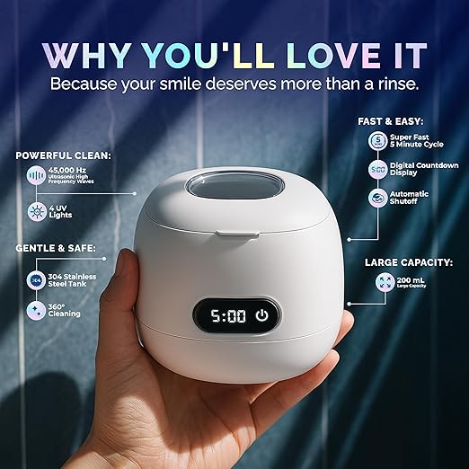 Ultrasonic Retainer Cleaner Machine for Invisalign – 45kHz Ultrasonic Cleaner for Dentures, Aligner & Mouth Guard with UV Light, 200ml Tank, Digital Timer – Dental Appliance & Night Guard Cleaning Pod
