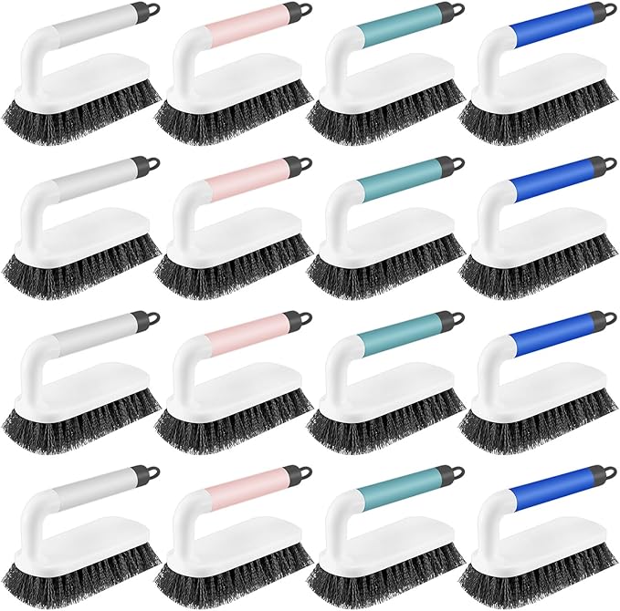 Teenyyou 16 Pack Scrub Brush Heavy Duty Cleaning Brushes with Handle Stiff Bristles Scrub Brush Bulk for Shower Bathroom Carpet Kitchen Bathtub Scrubber, Grey, Blue, Green, Pink
