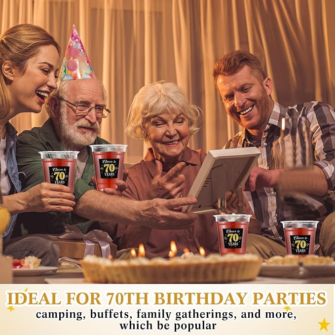 Funnymoom 100 Pack 70th Birthday Cup 12 oz Cheers to 70 Years Happy Birthday Disposable Clear Plastic Cups for Him Men Women Wedding Anniversary Decorations Party Favors