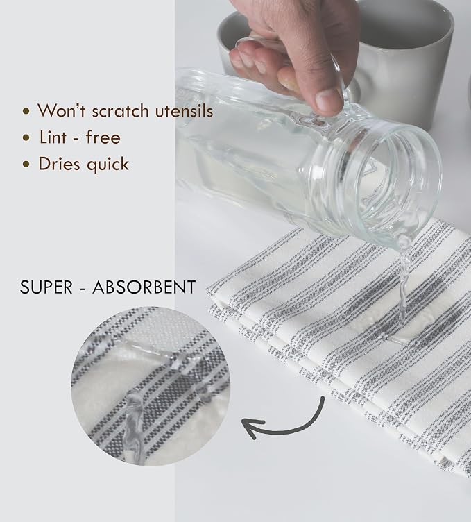 TWINY threads Set of 4 Farmhouse Stripe Kitchen Towels (18x26 Inches) Premium Tea Towels with Hanging Loop, Highly Absorbent 100% Cotton Bulk Kitchen Hand Towels for Drying Cleaning - Grey