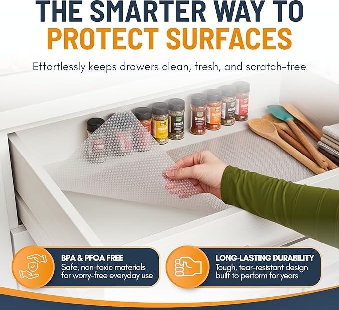 Refrigerator Liners for Shelves (12 Pack) by Linda’s Essentials - Non-Adhesive Shelf or Drawer Liner, BPA-Free Fridge Mats for Kitchen & Cabinets, Easy to Clean, Ideal Household Essentials (Clear)