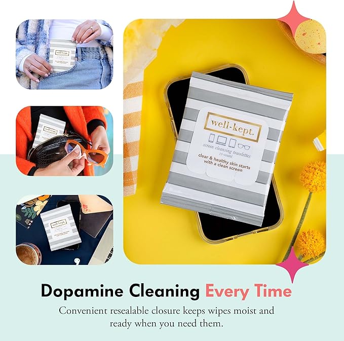 Well-Kept Tech & Lens Wipes - Eyeglass, Screen & Phone Cleaning, Multi-Surface, Lint-Free, Pre Moistened, Streak-Free & Non Scratching - Hamptons, 12 Pack (180 Count)
