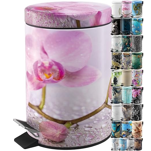 Sanilo Small Bathroom Trash Can with Lid [1.3 Gallon] - Lidded Tiny Trashcan for Garbage - Mini Metal Bin with Soft Closing Mechanism - Bath Room Accessoire Wastebin with Inner Bucket (Blooming)