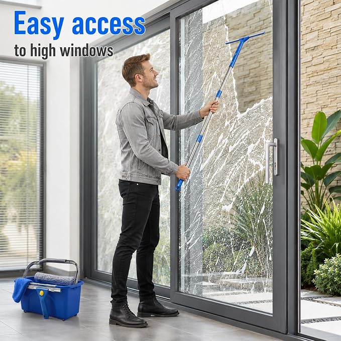 Window Cleaning Kit with Extension Pole,Professional Window Washing Kit with Bucket, 79" Window Squeegee with Microfiber Scrubber Scraper,Window Cleaner Tool for Commercial, Home,Outdoor