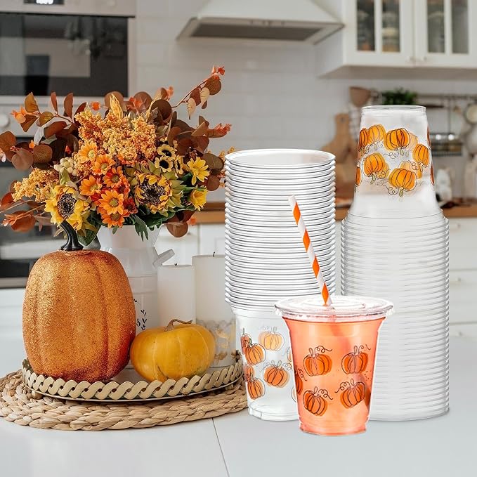 Umigy 100 Pack Honey Bee Plastic Disposable Cups with Lids and Straws 12 oz Disposable Cups for Juice Water Coffee Summer Party Sports Party Supplies(Pumpkin)