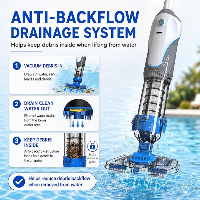 Cordless Pool Spa Vacuum Cleaner Rechargeable Handheld Pool Vacuum with 60-Min Runtime Dual Filtration 3 Cleaning Heads Telescopic Pole for Sand Leaves Hot Tubs Above Ground & Small Pools