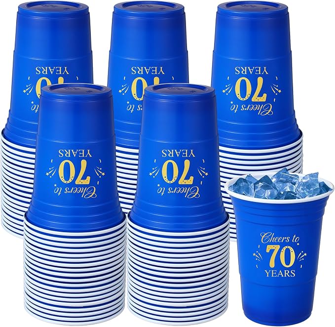 Ziliny 50 Pack 70th Birthday Cups 16 oz Cheers to 70 Years Disposable Plastic Cups Gold and Blue Birthday Party Hot Cold Drinks Tool for Party Wedding Anniversary Supplies Decorations