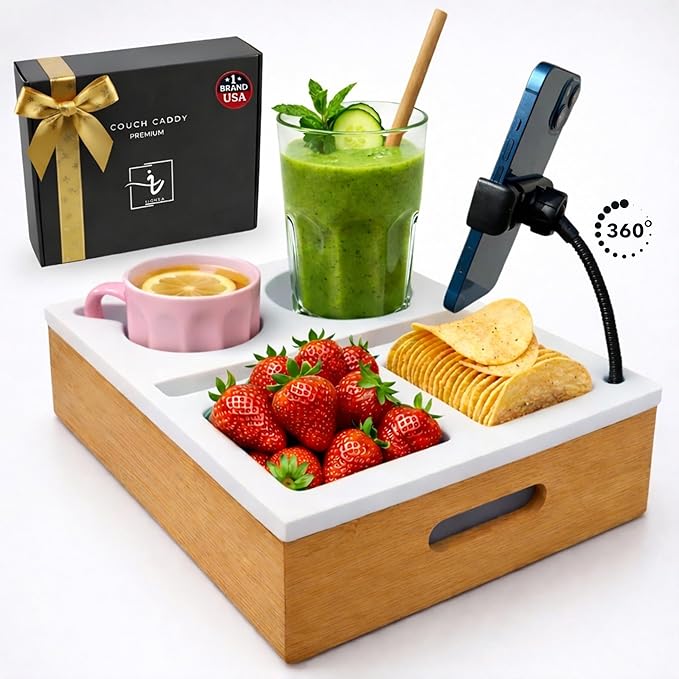 Couch Caddy with Cup Holder | Wood Couch Cup Holder Tray for Drinks, Snacks & Remotes | Couch Tray for Bed, Car Seat & Beach Organizer (White)