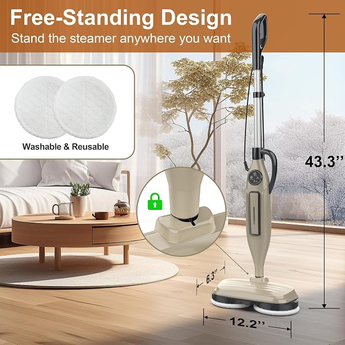 DEVOAC VM6 Scrubbing Steam Mop with Rotating Mop Pads, 10 in 1 Steam Mop, Lightweight Spin Mop & 3 Steam Modes for Hard Floor Laminate Marble Floors (Champagne)