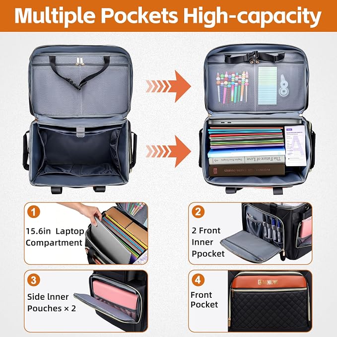 Rolling Teacher Bag with Detachable Cart - 1680D Waterproof Oxford Rolling Cart for Teachers, Large Capacity Tote with Wheels Fits 15.6" Laptop & Tablet(BLACK)