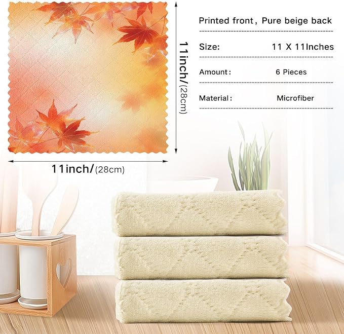 senya Thanksgiving Day Kitchen Dishcloths, Thanksgiving Autumn Leaves Golden Maple Leaves Cloth Dish Towels 6 Pack Super Absorbent Dishtowels Reusable Cleaning Cloths