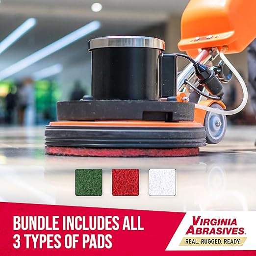 Virginia Abrasives 17" Heavy-Duty Stripping Pads – Thick Non-Woven Floor Pads for Floor Maintenance, Cleaning, Polishing & Synthetic Floor Care with One Each: Green, Red & White Pad (3-Pack)