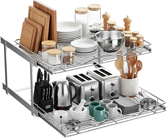 2-Tier Pull-Out Cabinet Organizer with Heavy-Duty Steel Frame, Full-Extension Sliding Shelves, Holds 100 lbs, Easy Install for Kitchen, Pantry & Under Sink Cabinets, 28" W x 21”D x 16.5" H
