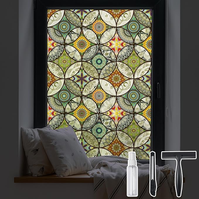 DKTIE Static Cling Decorative Window Film with Installation Tools Non Adhesive Privacy Film Stained Glass Window Film for Bathroom Shower Door Heat Cotrol Anti UV 17.7 x 118.1 Inch