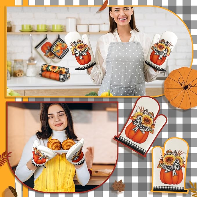 Fanfanwin 10 Pcs Thanksgiving Pumpkin Kitchen Decor Set Kitchen Towels Pot Holders Oven Mitts and Rugs Set Thanksgiving Decor for Baking Cooking BBQ Autumn Home