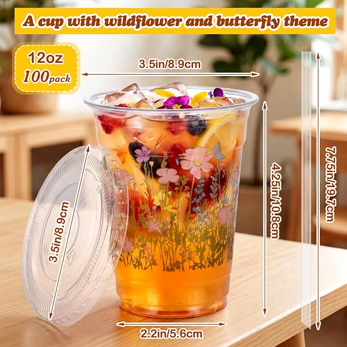 Vesici 100 Pcs Floral Plastic Cups 12 oz Floral Botanical Clear Spring Disposable Cups with Lid and Straws for Spring Summer Birthday Wedding Bridal Baby Shower Party Supplies(Wildflower Butterfly)
