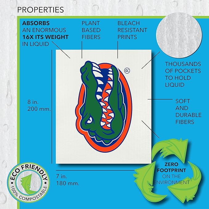 University of Florida- 3 Pack Swedish Dishcloths- Reusable Kitchen Towels for Dishwashing and Home Cleaning- Eco-Friendly Alternative to Paper Towels and Wipes- Machine Washable and Dryer Safe