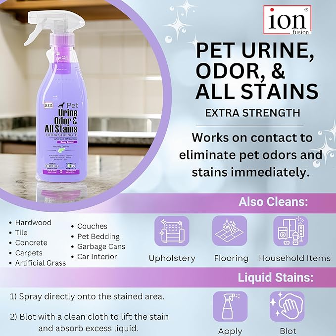 Superior Next-Gen Advanced ION Formula. 2-for-1 Bottle (Free Refill). Pet Urine, Odor & All Stains. Extra Strength, Unmatched Stain & Odor Remover. Patented | Non-Toxic | Eco-Friendly | Made in USA