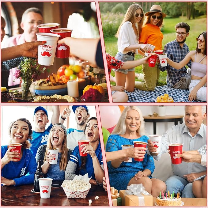 Qinyoung 50 Pcs British Party Disposable Cups Plastic 16 oz Red & White Drinking Cups for Beverage Beer Coffee British Theme Birthday Party Supplies Decorations