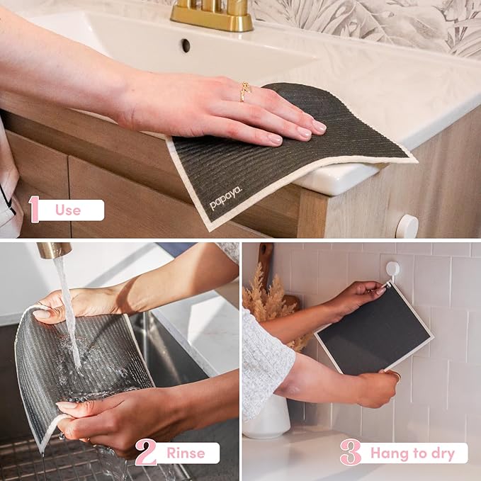Papaya Reusable Paper Towels, Premium Swedish Dishcloths with Hook, Non-Scratch Reusable Paper Towel, 1 Sheet Replaces 17 Rolls - 4 Sheets, 2 Hooks