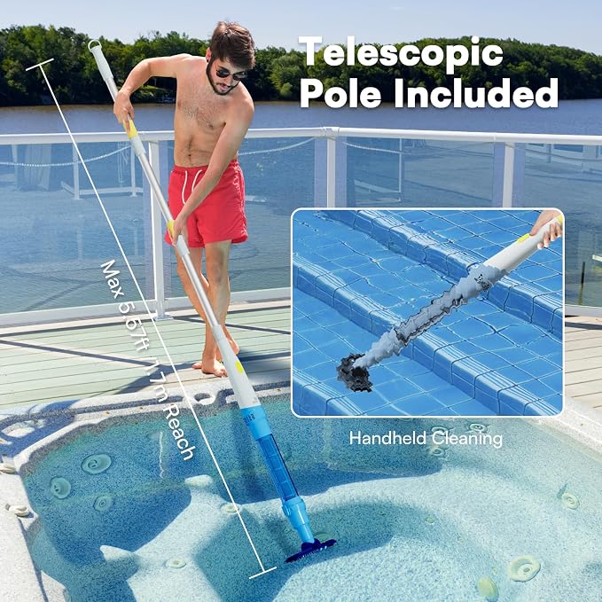 PoolMr Handheld Pool Vacuum for Above Ground Pool & Hot Tub Vacuum, with 2 Brush Heads, 90 Mins Running Time, 13.2 Gallons/Min Powerful Suction, Ideal for Cleaning Debris and Sand Underwater, Cyan