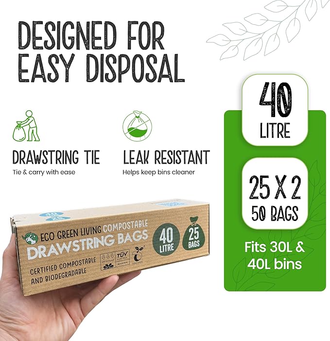 Eco Green Living 40L Compostable Biodegradable Food Waste Bin Bags, Thick, Strong & Leakproof. Caddy Liners 100% Plant-Based, Plastic-Free, Drawstring Bin Liners, Fits 30–40L Bins, 50 Bags