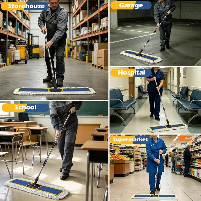 MASTERTOP 40" Commercial Dust Mop for Floor Cleaning, Heavy Duty Flat Mop | Industrial 64" Long Handle Push Broom with 2 Cotton Pads for Hardwood, Tile, Laminate, Concrete, Warehouse & Gym Cleaning