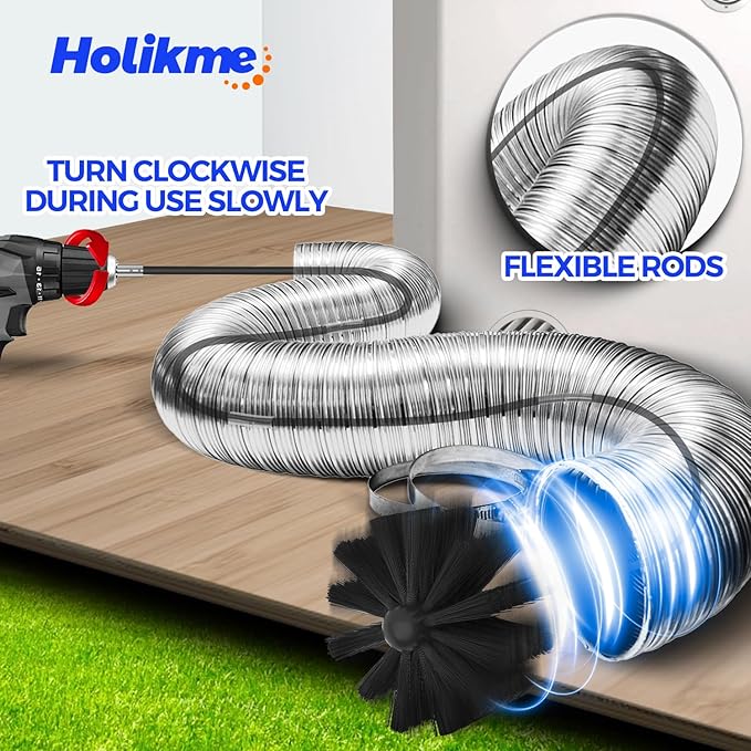 Holikme 30 Feet Dryer Vent Cleaner Kit, Flexible Lint Brush with Drill Attachment, Fireplace Chimney Brushes Extends Up to 30 Feet for Easy Cleaning, Use with or Without a Power Drill, Black