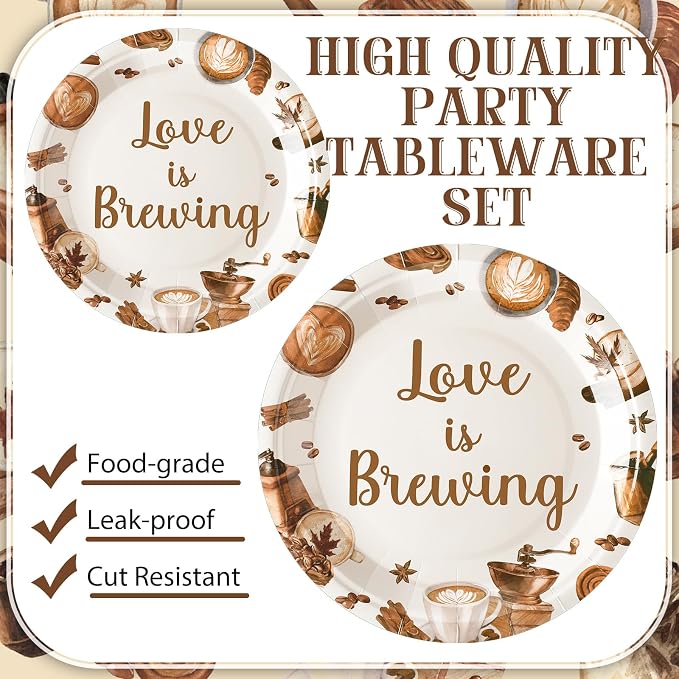 Zhehao 200 Pcs Bridal Shower Plates Napkins Sets Love is Brewing Coffee Bridal Shower Decoration Wedding Shower Decorations Wedding Paper Plates Engagement Bachelorette Supplies, Serve 50