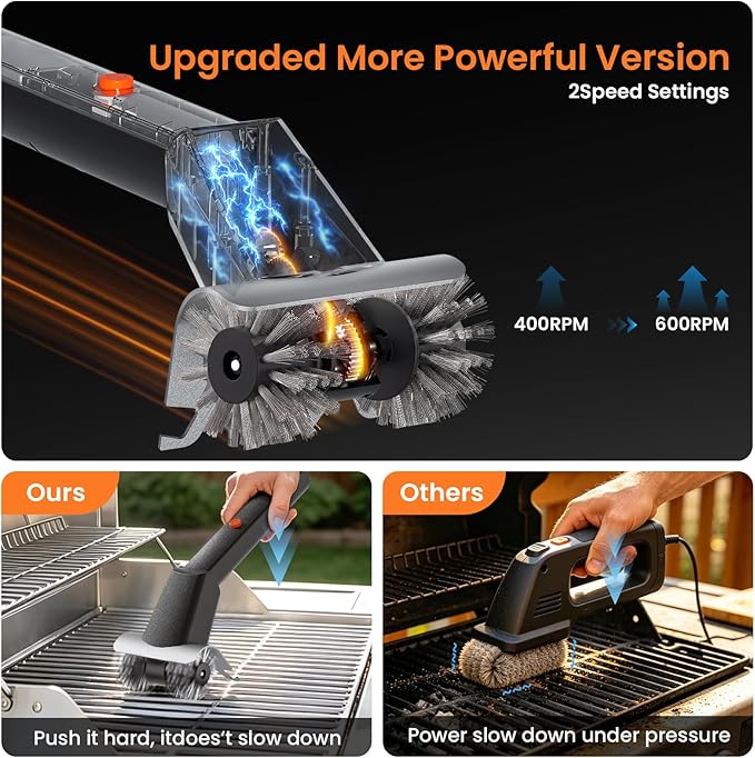 Rechargeable Electric BBQ Grill Brush, 2600mAh Battery, 2-Speed Power, LED Light, 100 Mins Long Runtime, 304 Stainless Steel Heat Resistant Grill Cleaner for Outdoor Camping & Grilling