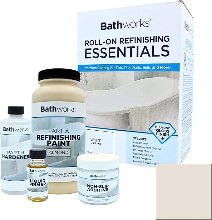 Bathworks Essentials Roll-On Refinishing Kit - 22 fl oz, High Gloss Almond, Long-Lasting Acrylic Resin Finish with Non-Slip Additive - Professional-Grade DIY Coating for Bathtubs, Tile, Sinks & Showers (Paint Materials Only)