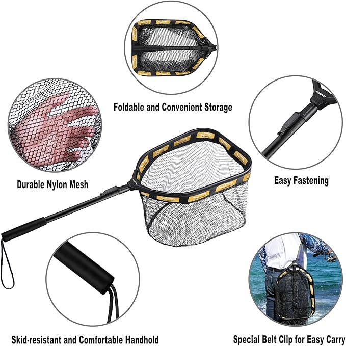 PLUSINNO Floating Fishing Net for Steelhead, Salmon, Fly, Kayak, Catfish, Bass, Trout Fishing, Rubber Coated Foldable Landing Net with Fixed or Telescoping Pole Handle, Fishing Gear and Gifts for Men