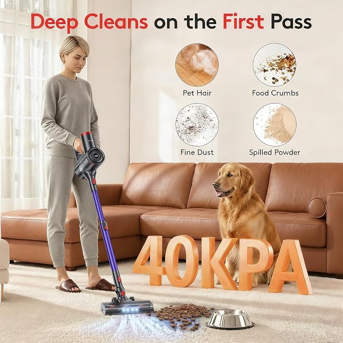 RoneAir Cordless Vacuum Cleaner,40Kpa 45Min Vacuum Cleaners for Home,Self-Standing,Stick Vacuum with Wall Mount Storage,Anti-Tangle &,6 in 1 Lightweight Vacuum for Hard Floors Carpet Pet Hair - Purple