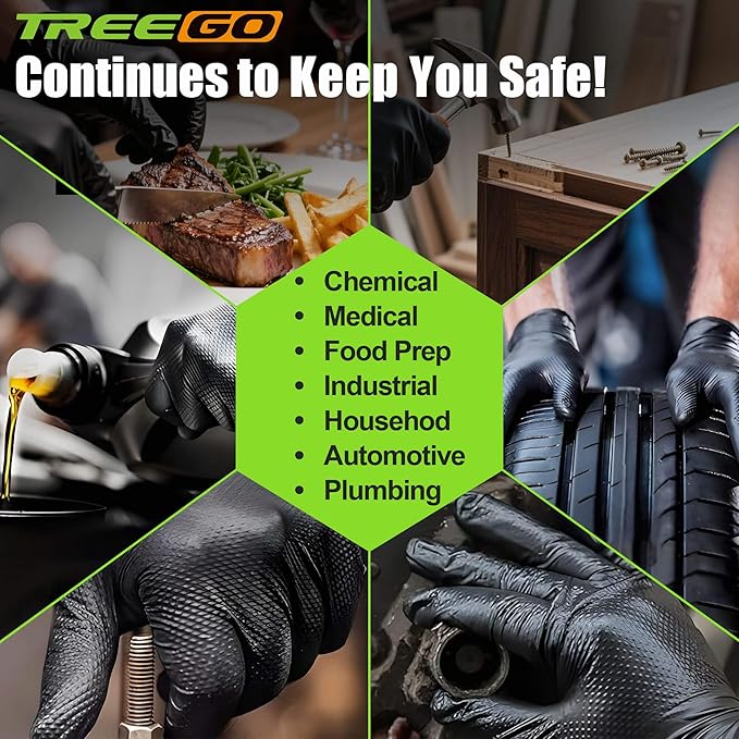 TREEGO Black Heavy Duty Rubber Gloves 10 Mil Nitrile Gloves - Raised Diamond Texture Grip for Automotive & Mechanic - Latex Free Disposable Gloves Medium, 100 Count