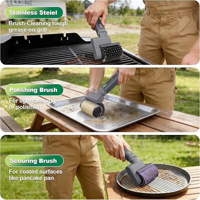 Samek Electric Grill Brush,Cordless Electric BBQ Grill Cleaner with 3 Replacement Heads, Cordless Rechargeable, 3-Speed Power Control, Adjustable Angle, Gray