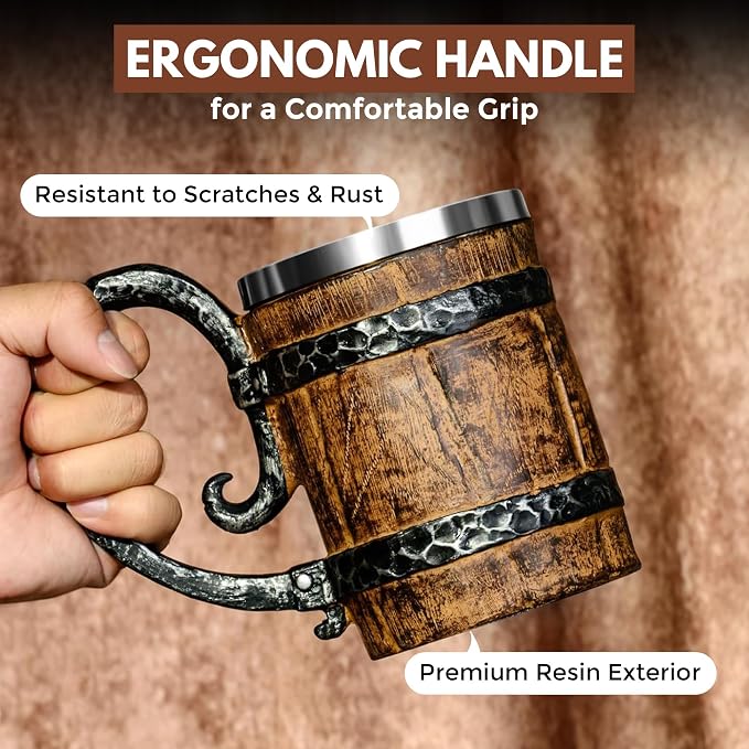 Rite Edge Viking Barrel Mug 550ml - Stainless Steel & Resin, Old Barrel Design, Rustic Medieval Drinking Mug, Durable Craftsmanship for Beer & Beverages