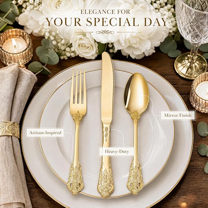 WDF 120PCS Gold Plastic Silverware - Heavy Duty Gold Plastic Cutlery Set Disposable Utensils - 40 Forks, 40 Spoons, 40 Knives, Perfect for Party Weeding Daily Use Baby Showe Spring