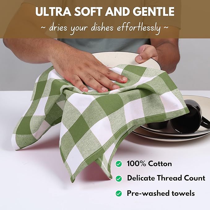 Native Fab Buffalo Check Kitchen Dish Towels, 16"x26", 12 Pack - 100% Cotton Plaid Washcloths - Absorbent Dish Cloths Set, Cleaning Hand Towels with Hanging Loop - Mint Green White