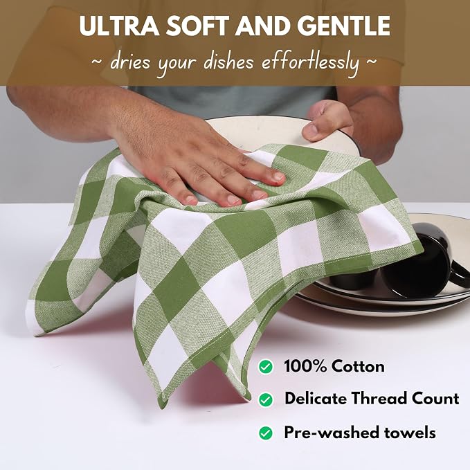 Native Fab Buffalo Check Kitchen Dish Towels, 16"x26", 4 Pack - 100% Cotton Plaid Washcloths - Absorbent Dish Cloths Set, Cleaning Hand Towels with Hanging Loop - Mint Green White