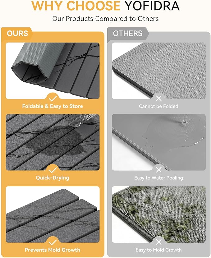 Yofidra Large Stone Dish Drying Mat for Kitchen Counter, Quick Dry Stone Mats with Absorbent Diatomaceous Earth, Foldable Roll Up Drying Organizer Pad for Utensils Plate, 24"×16", Dark Gray Marble