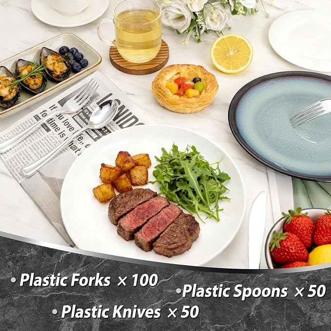 Liacere 200Pcs Silver Plastic Cutlery - Silver Plastic Silverware- Disposable Silverware - 100 Forks, 50 Spoons, 50 Knives Perfect for Wedding ＆ Party