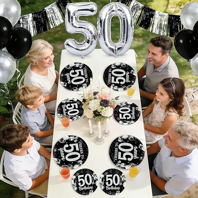 96Pcs 50th Black and Silver Birthday Party Supplies Cheers to 50 Years Party Plates and Napkins Disposable Happy 50th Birthday Tableware Set for Women Men 50 Years Old Decorations Serves 24