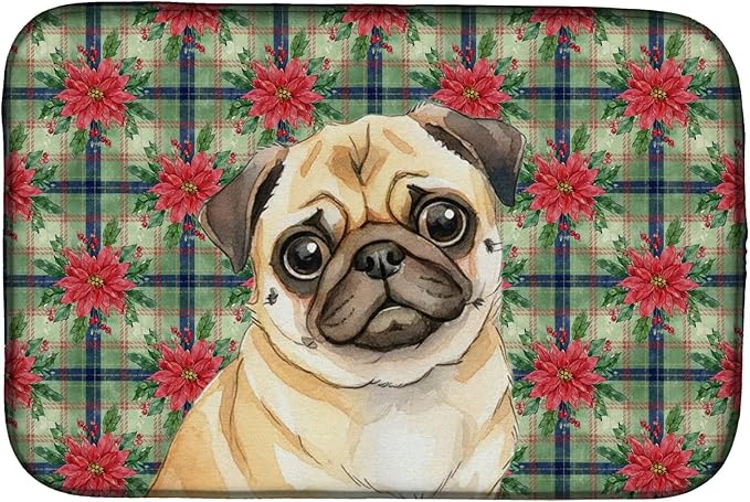 Caroline's Treasures Fawn Pug Christmas PoinsettIas Dish Drying Mat Absorbent Dish Drying Mat Pad for Kitchen Counter Dish Drainer Mat for Countertop, 14 x 21", Multicolor