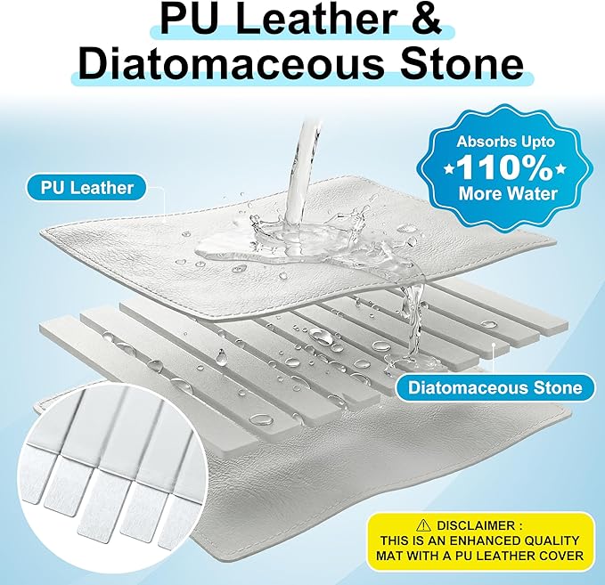 Large PU Leather Surface Quick Drying Dish Drying Mat with Diatomaceous Earth Stone For Kitchen Counter 25"x16" – Foldable and Absorbent Kitchen Counter Mat, Includes Silicone Faucet Mat White