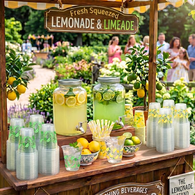 Uiifan 50 Pcs Lemon Plastic Cups 12 oz Lemonade Stand Supplies Green Yellow Lime Lemon Disposable Clear Drinking Cup Summer Hawaiian Luau Party Decoration for Birthday Wedding Bridal Baby Shower Party
