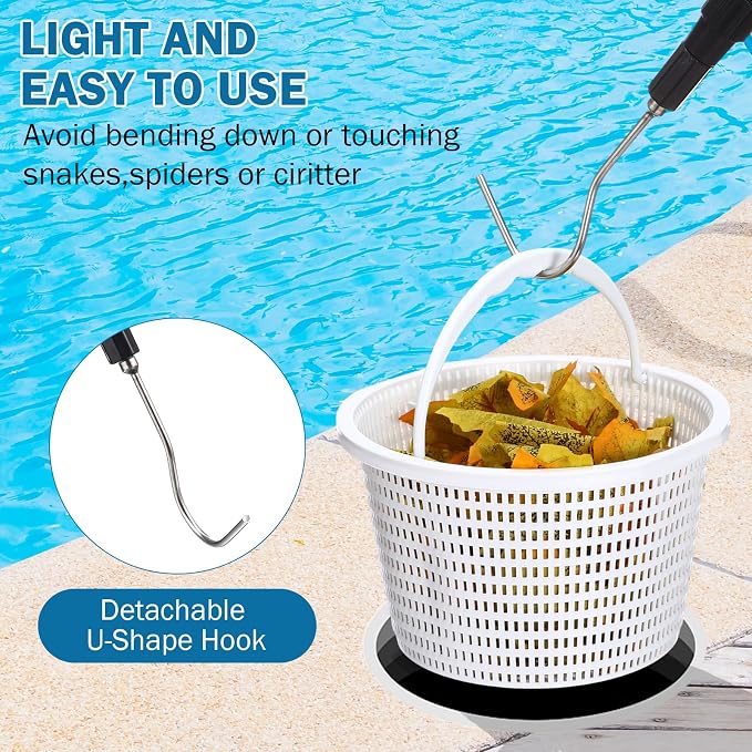 Lasnten 3 Pcs Pool Skimmer Basket for Inground Pool Skimmer Hook Extendable Filter Basket Filter Lid Lifting Hook for Cleaning Accessory Keep Hands Clean(8 Inch)