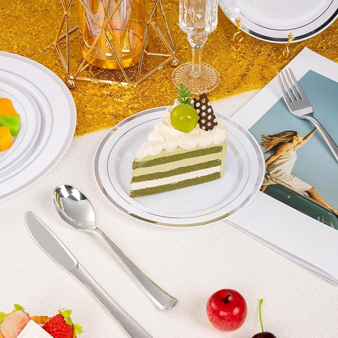 BESTSTAR 7 Inch White Plastic Plates,100PCS Disposable Dessert/Appetizer/Small Cake Plates with Silver Rim,Heavy Duty Plate Ideal for Wedding and Birthday